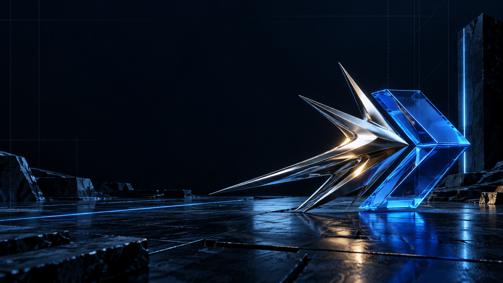 A chrome and blue-glass structure moving forward